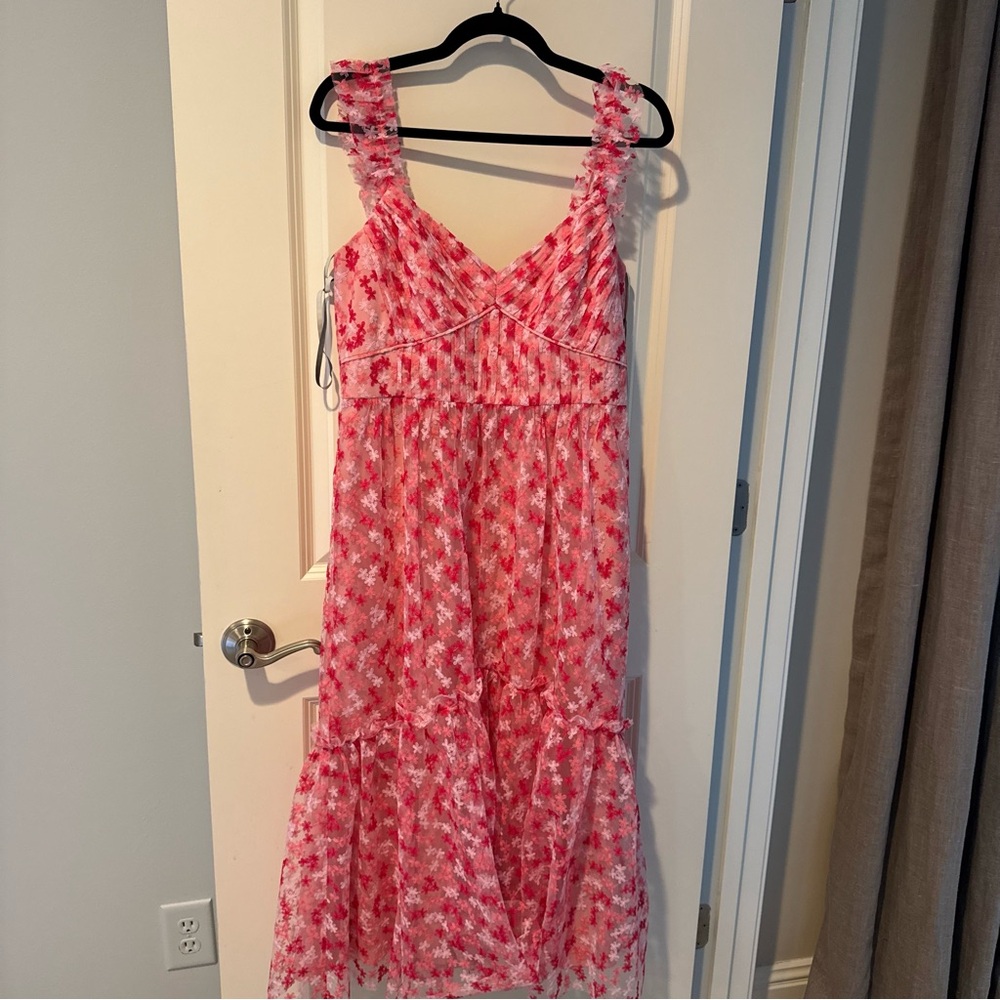 ML Monique Lhuillier Floral Embroidered Mesh Pink & White Midi Dress | Size 10 - Picture 5 of 10